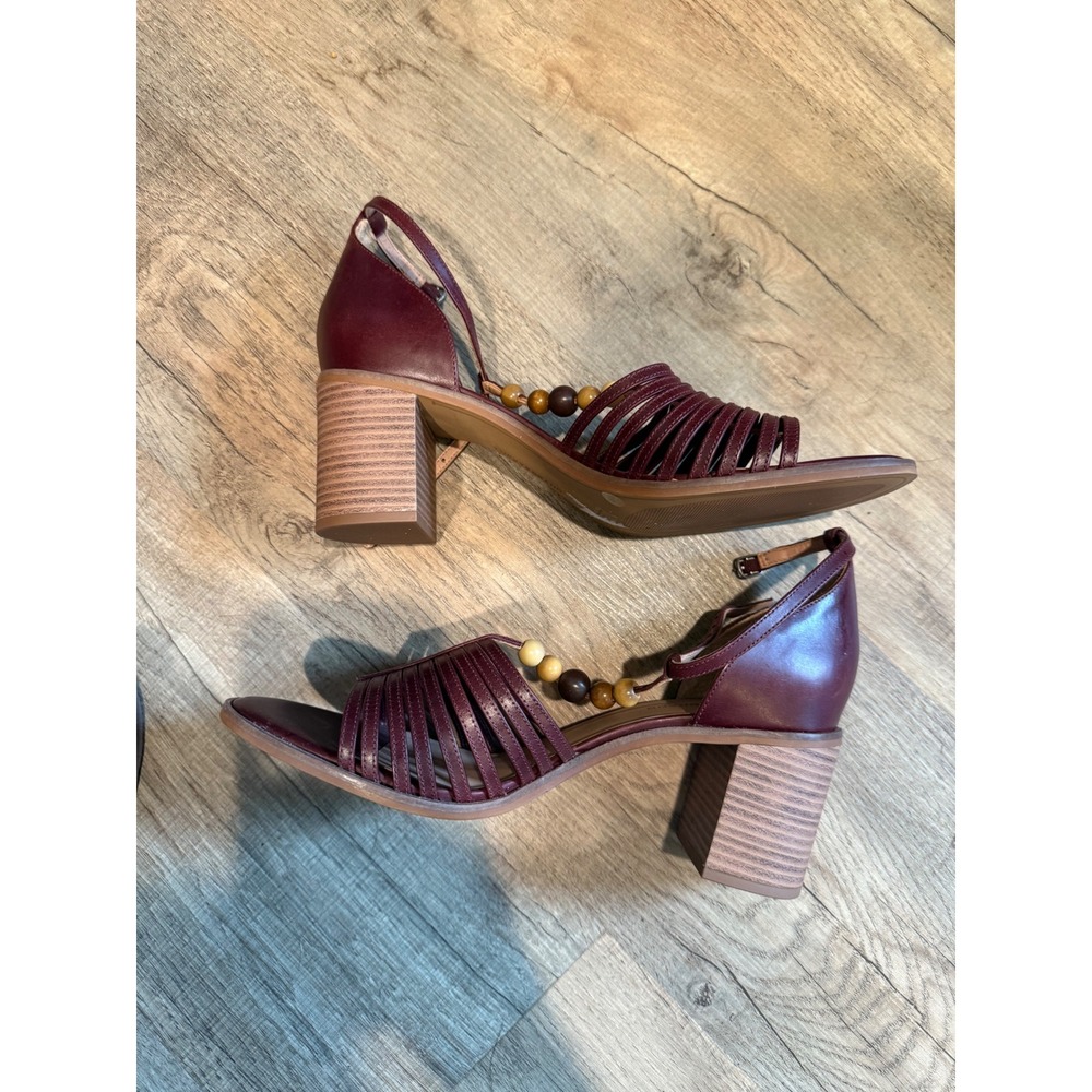 Lucky Brand Veesha Burgundy Leather Beaded Block Heel Sandals Womens 9.5 M - Picture 6 of 7